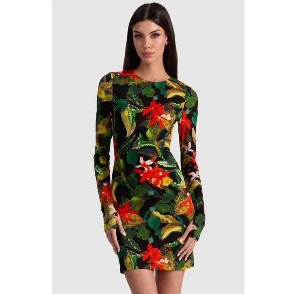 B49 Alice + Olivia Delora Mini Dress 6 Black Floral Print Bodycon Dinner Date